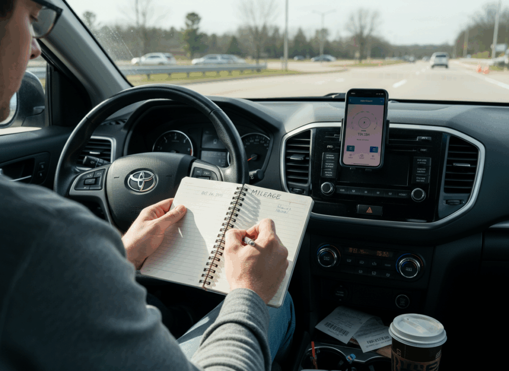 Person in car writing down mileage