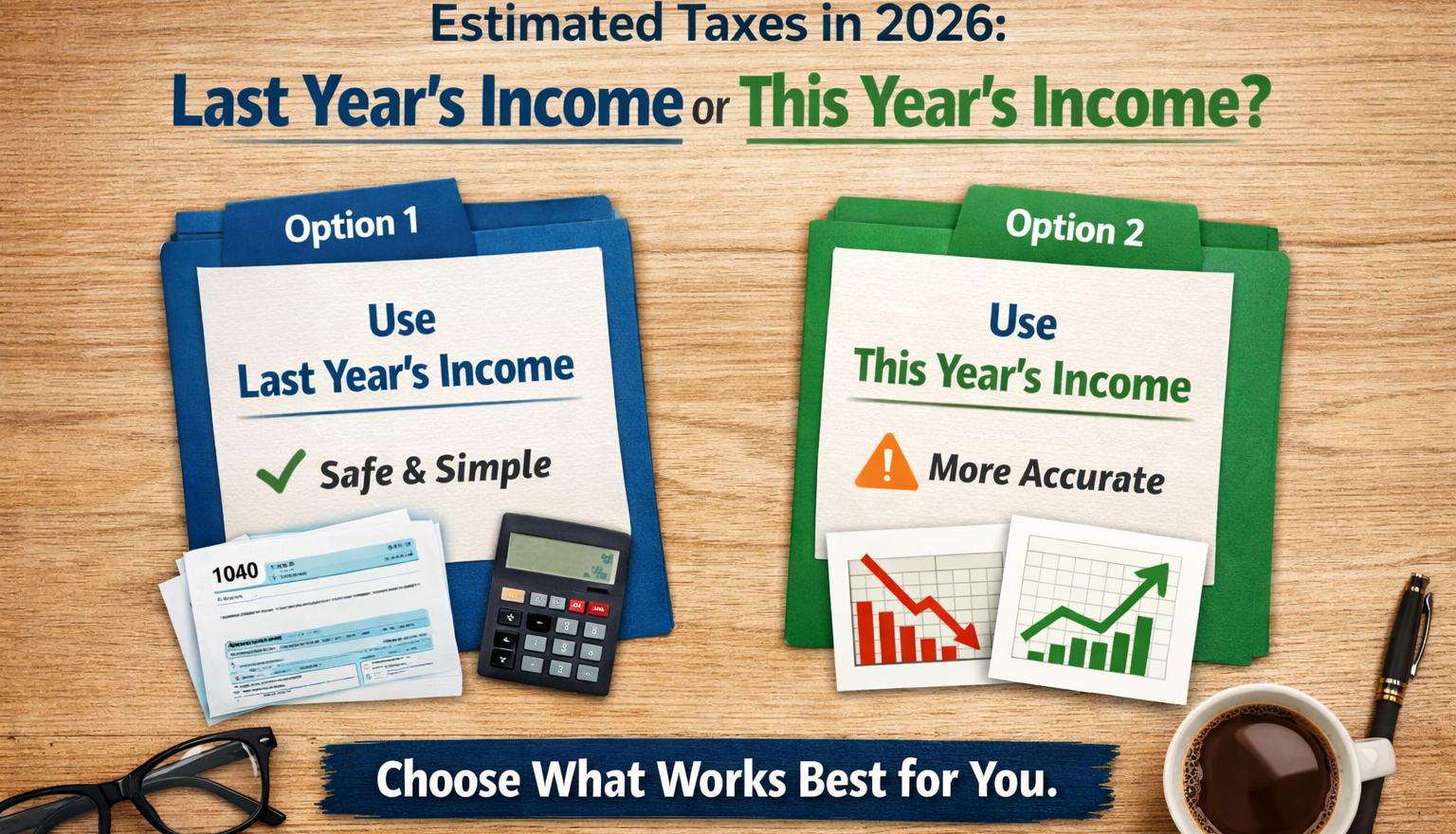 If your income changes in 2026, should estimated taxes be based on last year or this year? Here’s the simple, IRS-safe answer.